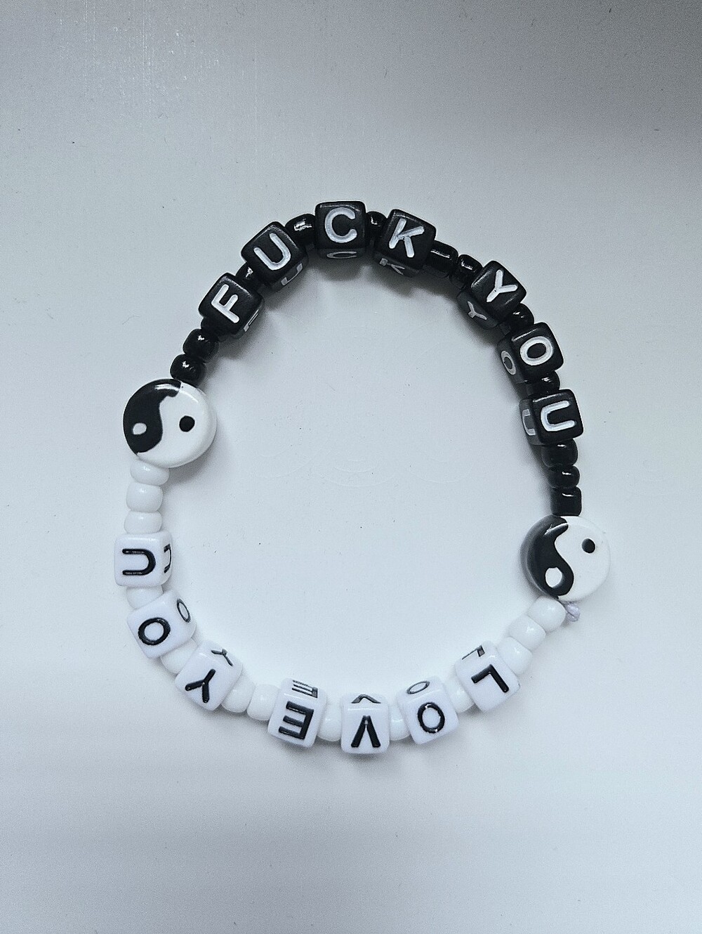 Black & White Yin Yang Letter Bead Bracelet - "LOVE YOU F YOU"